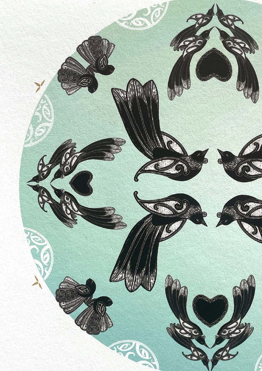 Detail of Manu mandala print with maori art design tui and fantail. Manu is the te reo maori name for bird. limited edition fine art print by Amber Smith nz artist.