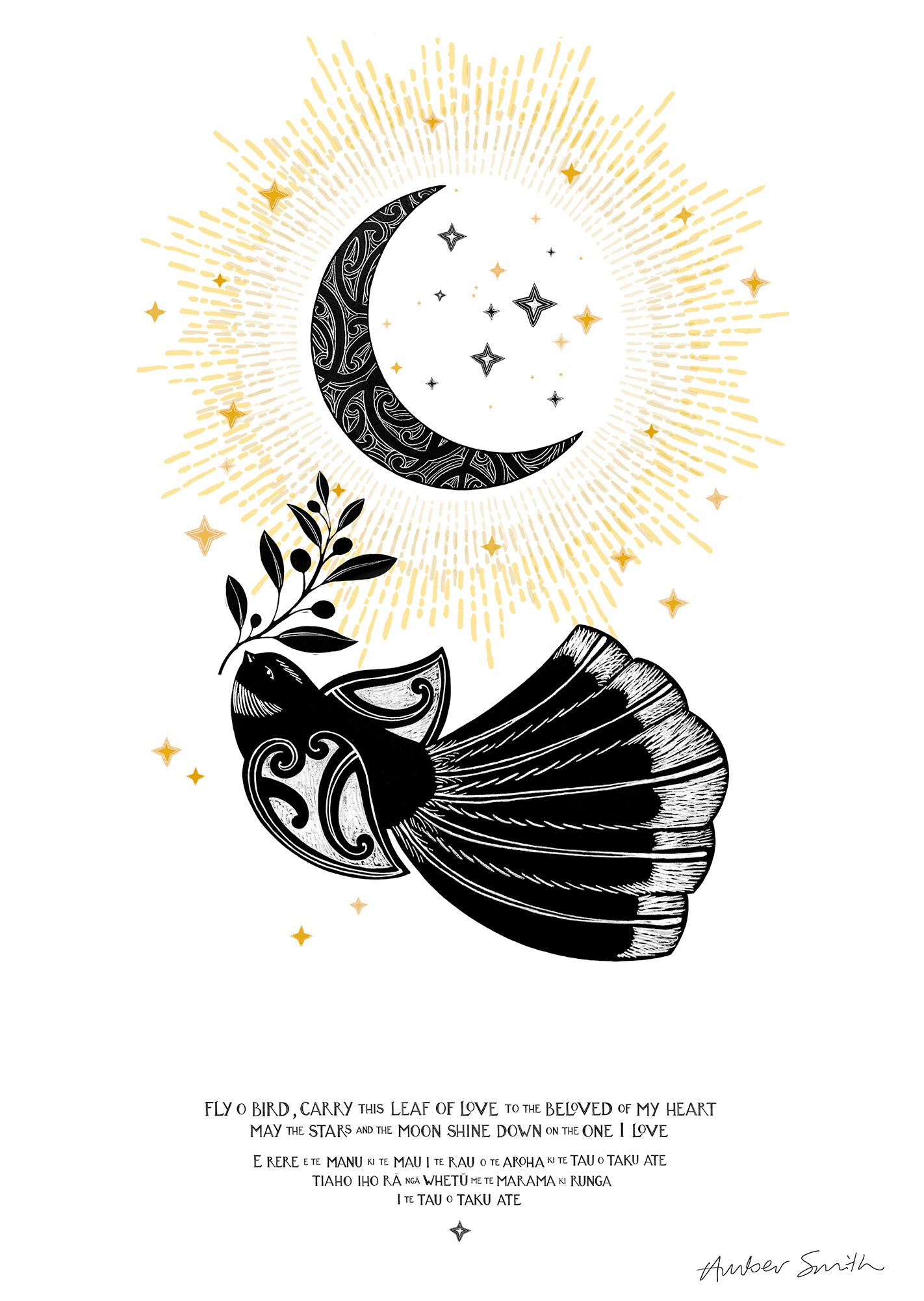 Black and white Māori bird print with leaf of love and te reo Māori text