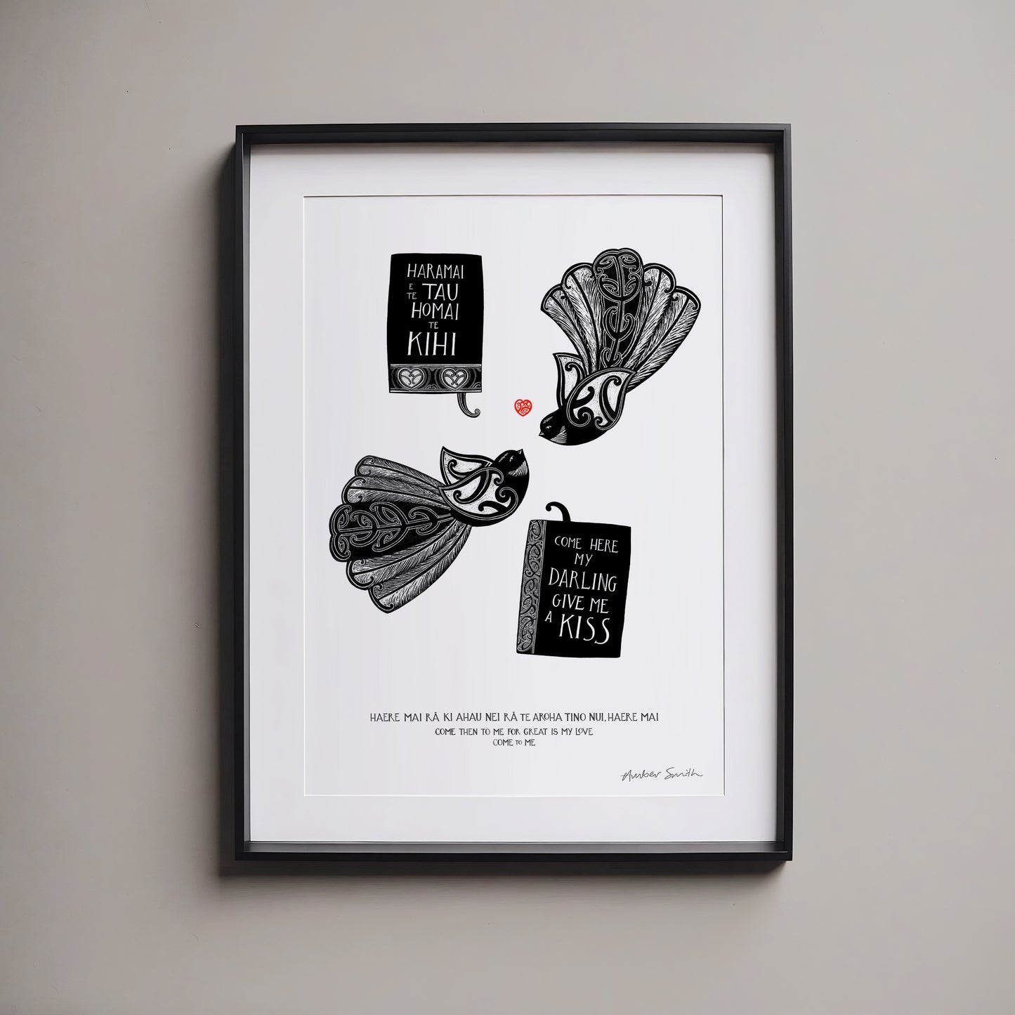 Romantic te reo Māori art print with piwakawaka and love message