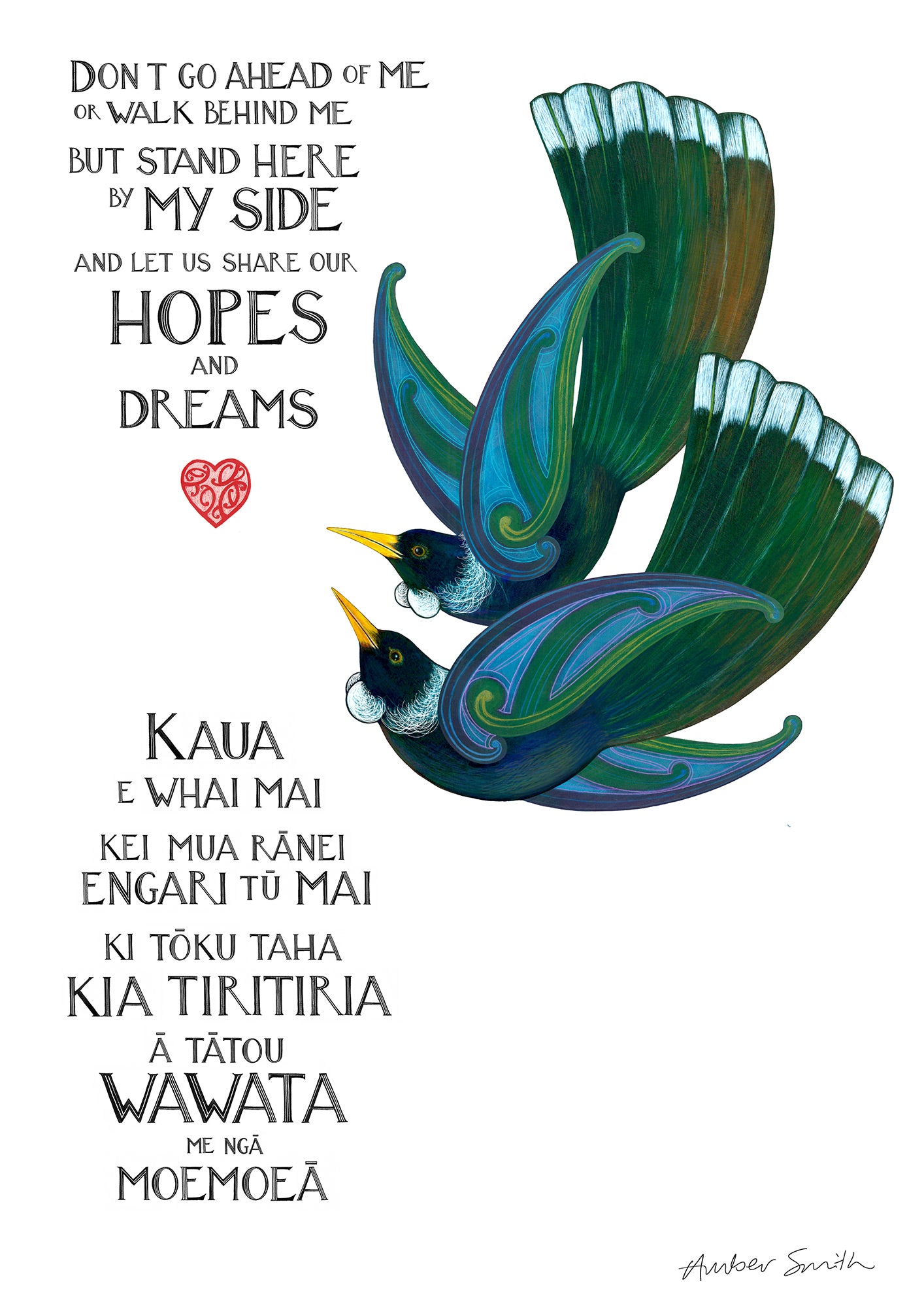 Hand-painted tui in colour, flying together side by side, Māori wedding vow art