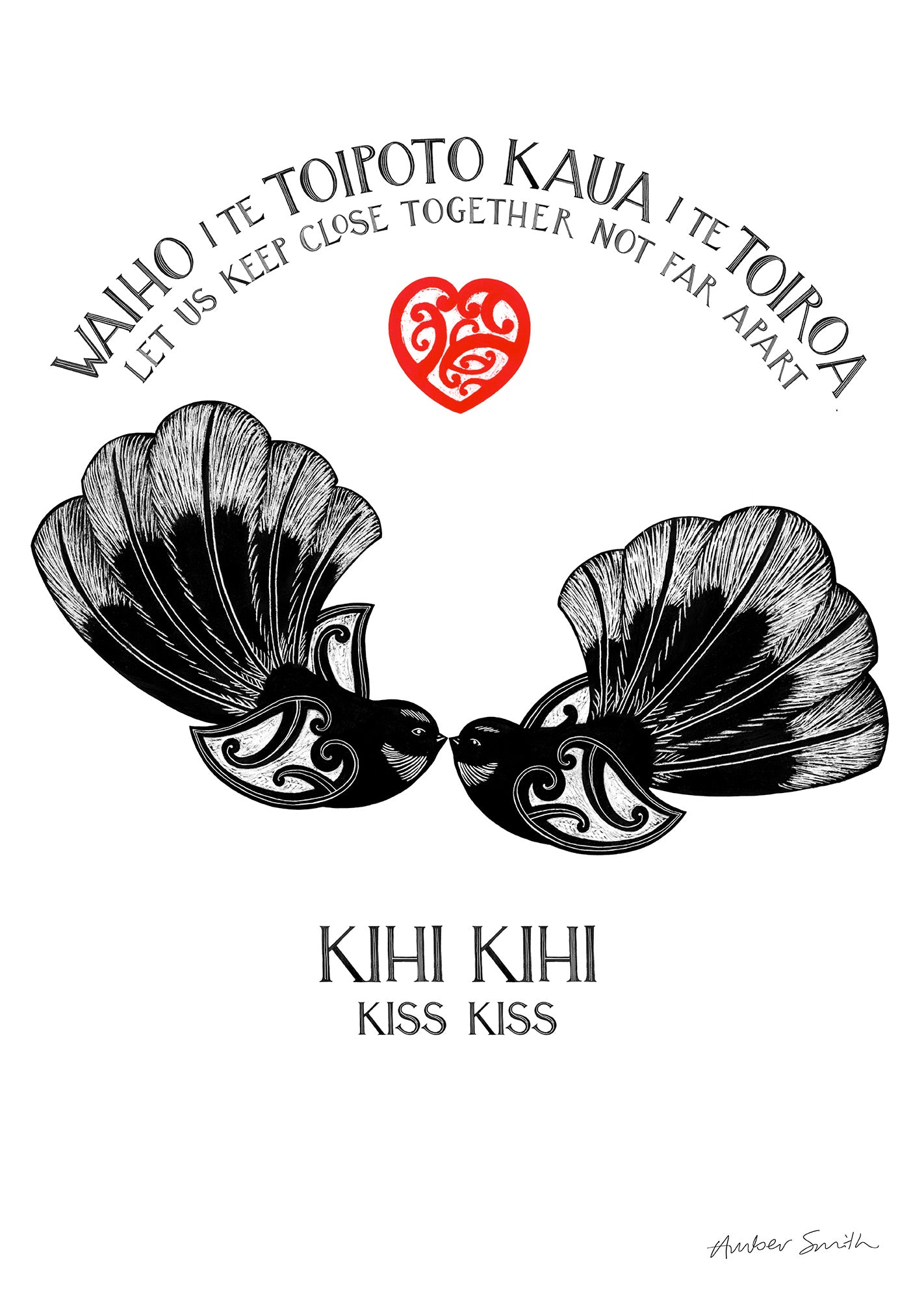 Te reo Māori art print Kihi Kihi with two fantails touching beaks and red heart