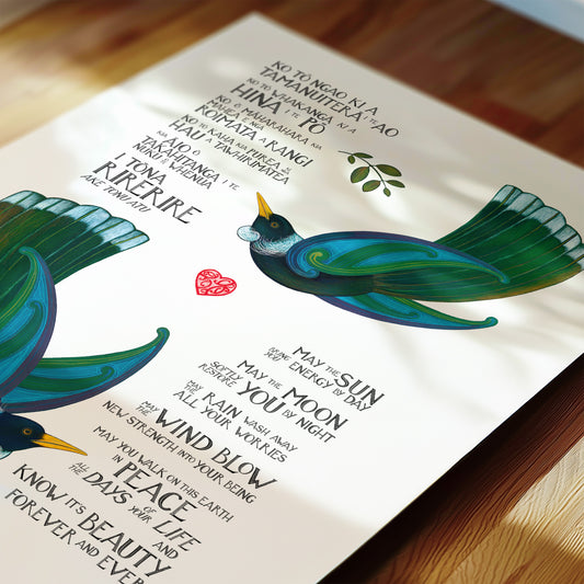 karakia artprint may the sun blessing with te reo maori text and tui birds