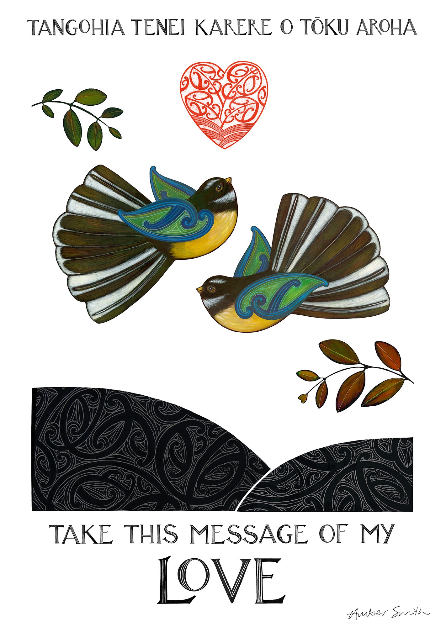 Two fantails with a red heart, flying across kowhaiwhai patterned hills — Māori love art print