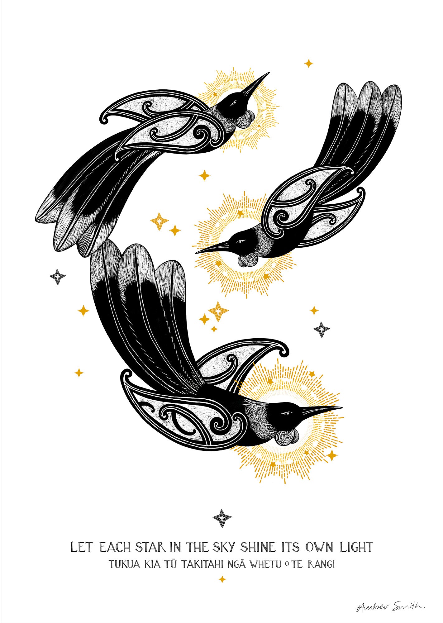 Three tui shining like stars, surrounded by golden rays, with the whakataukī Tukua kia tū takitahi ngā whetū o te rangi beneath, symbolising individuality and the beauty of diversity.