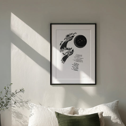 Framed Aotearoa Matariki art print, The Stars of Matariki, featuring a Matariki blessing in te reo Māori and English about love, patience and peace, and remembering loved ones who continue to guide us like stars in the sky.