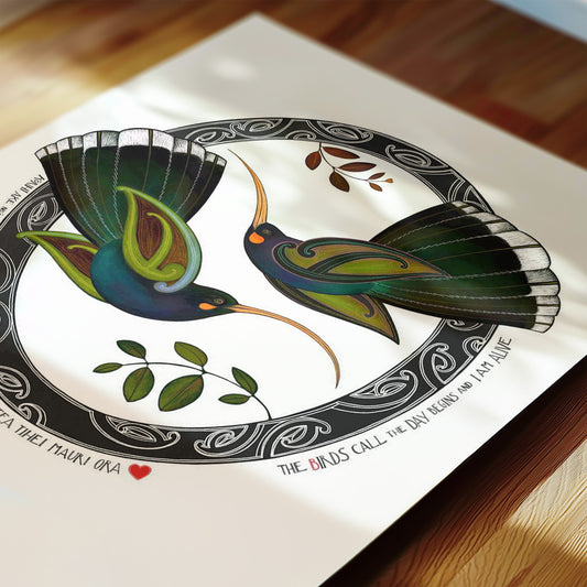 Aotearoa huia bird art print, Tūmanako – Hope, featuring two huia taking flight into the light of a new dawn, with a te reo Māori karakia about the birds calling and the day beginning. Close up detail.