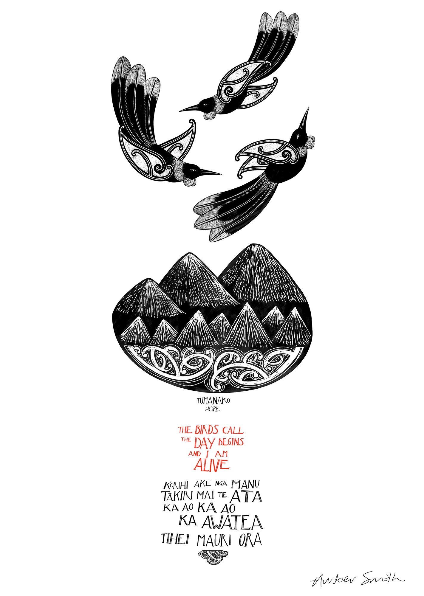 Tūmanako Hope art print – three tui birds flying above mountains and sea with Māori karakia text, black and white design