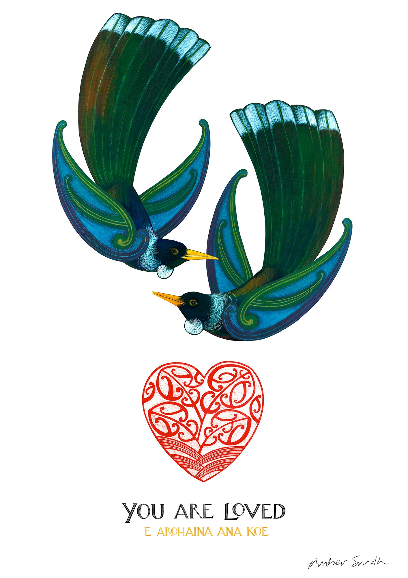 Te reo Māori art print You Are Loved with two tui birds and red kowhaiwhai heart