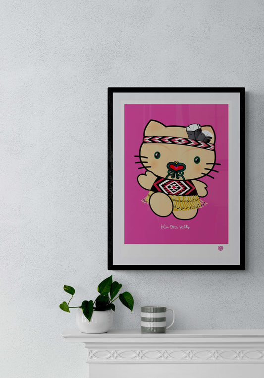 fun kia ora kitty nz art print aotearoa art by amber smith nz artist