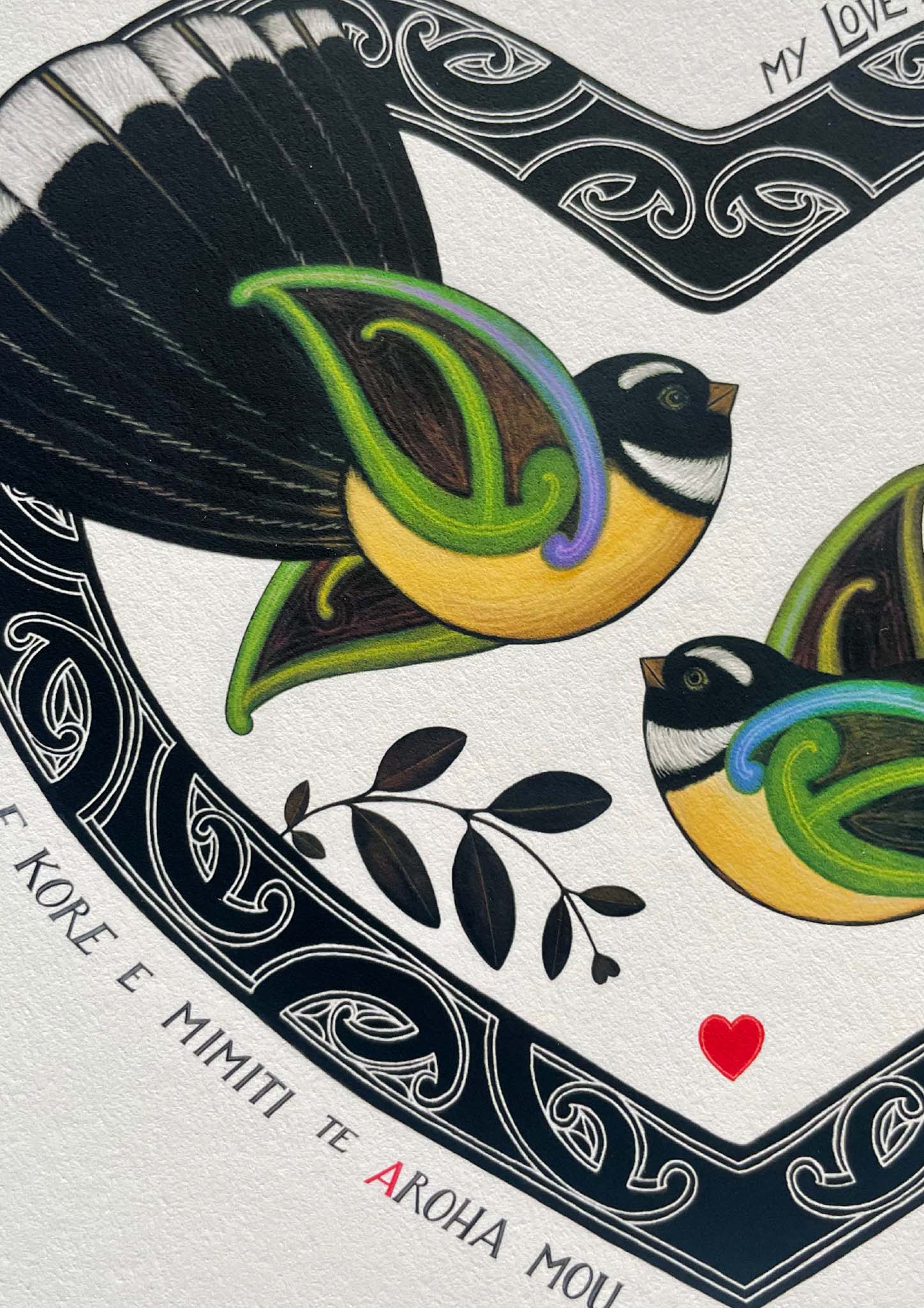 aroha love piwakawaka nz art print with maori art design by amber smith