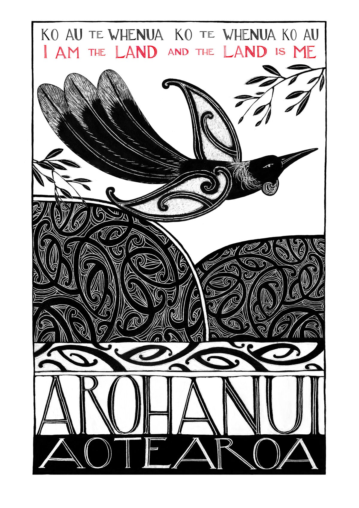 Ko au te whenua nz art print with maori art design tui and landscape with the words I am the land and the land is me - Ko au te whenua, ko te whenua ko au in te reo maori and english. A whakatauki, or maori proverb, about our connection to aotearoa new zealand . By Amber Smith nz artist.