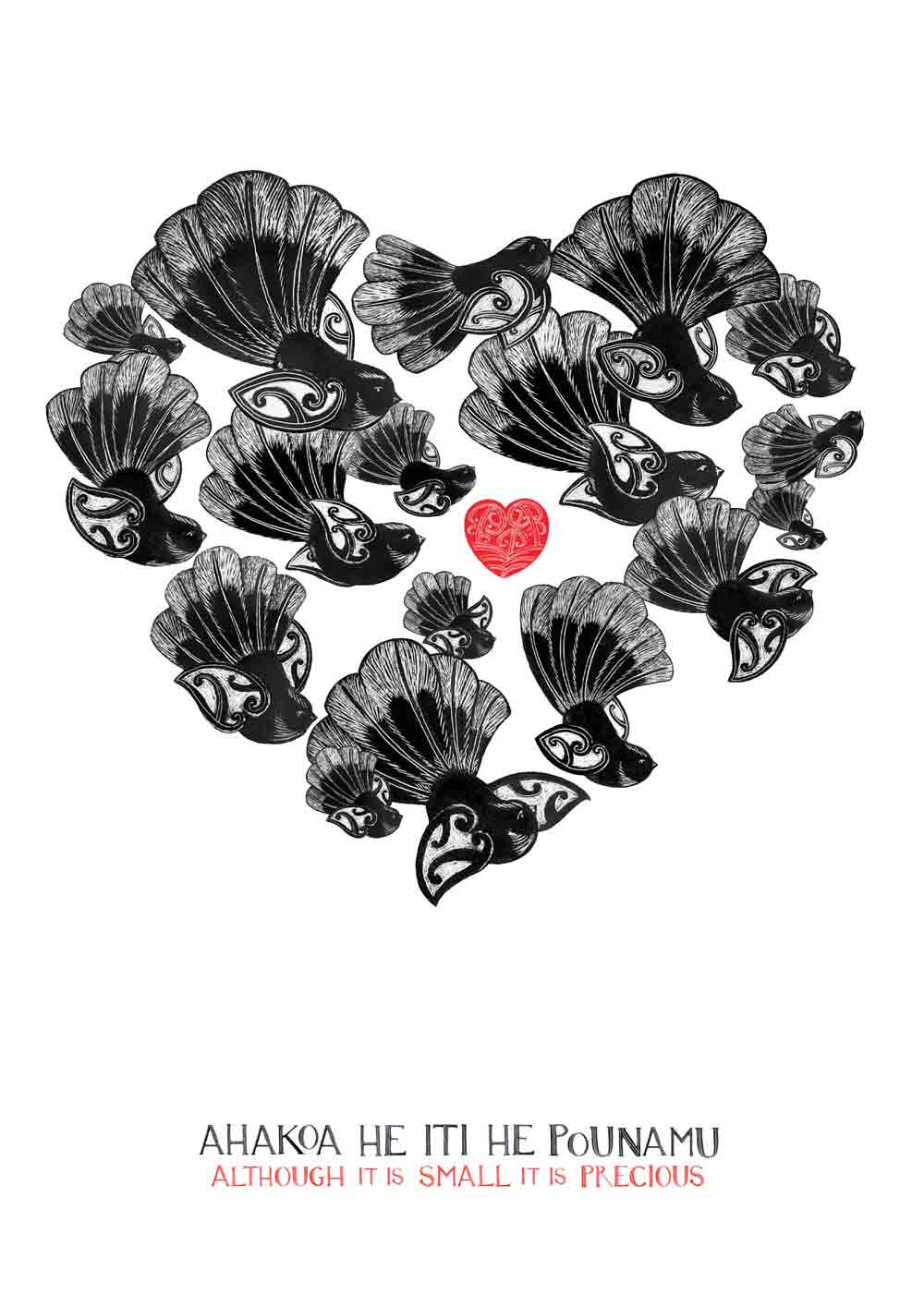 Small nz art print - Piwakawaka fantails with maori art wings and aroha love heart. The fantails fly in a group in the shape of a heart. athough it it small it is precious, ahakoa he iti he pounamu in te reo and english. By Amber Smith Nz artist.