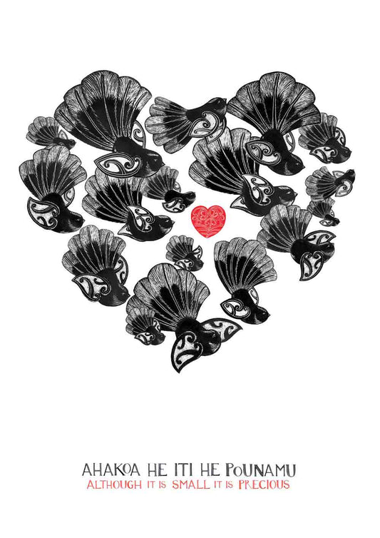 Small nz art print - Piwakawaka fantails with maori art wings and aroha love heart. The fantails fly in a group in the shape of a heart. athough it it small it is precious, ahakoa he iti he pounamu in te reo and english. By Amber Smith Nz artist.