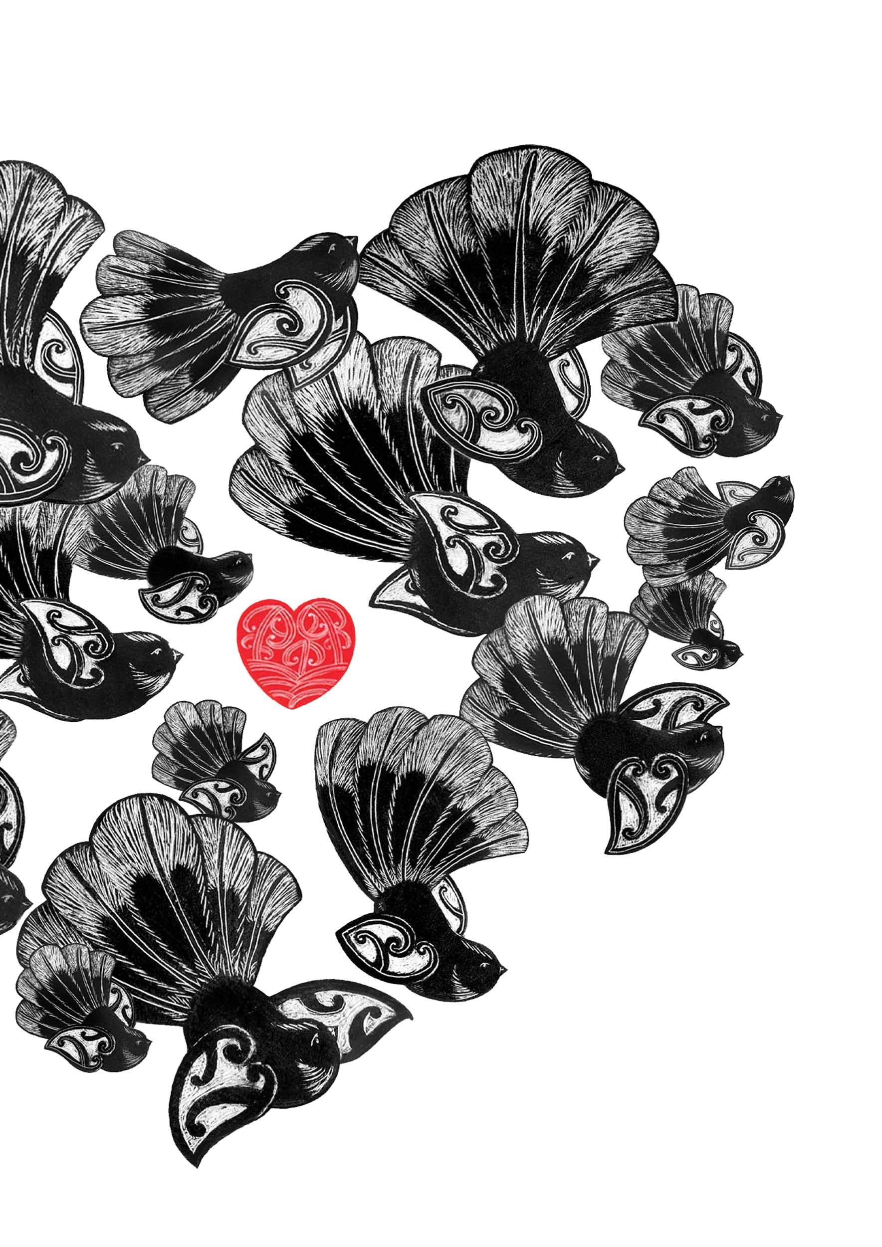 Detail of Small nz art print - Piwakawaka fantails with maori art wings and aroha love heart. The fantails fly in a group in the shape of a heart. athough it it small it is precious, ahakoa he iti he pounamu in te reo and english. By Amber Smith Nz artist.