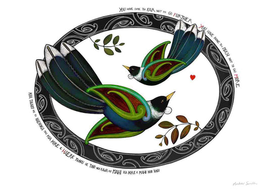 Blue-green tui bird art print with maori design and te reo maori whakatauki about being strong, kia kaha