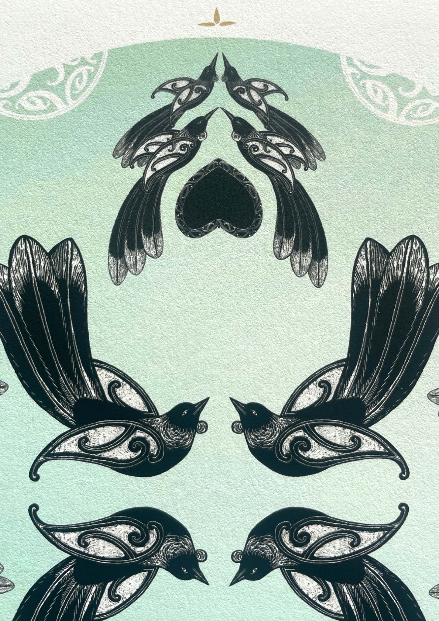 Detail of Manu mandala print with maori art design tui and fantail. Manu is the te reo maori name for bird. limited edition fine art print by Amber Smith nz artist.