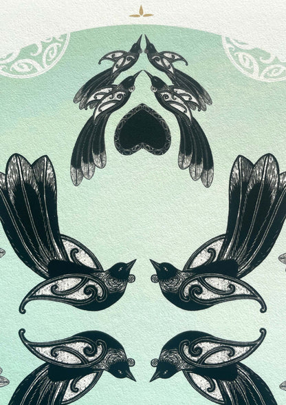 Detail of Manu mandala print with maori art design tui and fantail. Manu is the te reo maori name for bird. limited edition fine art print by Amber Smith nz artist.