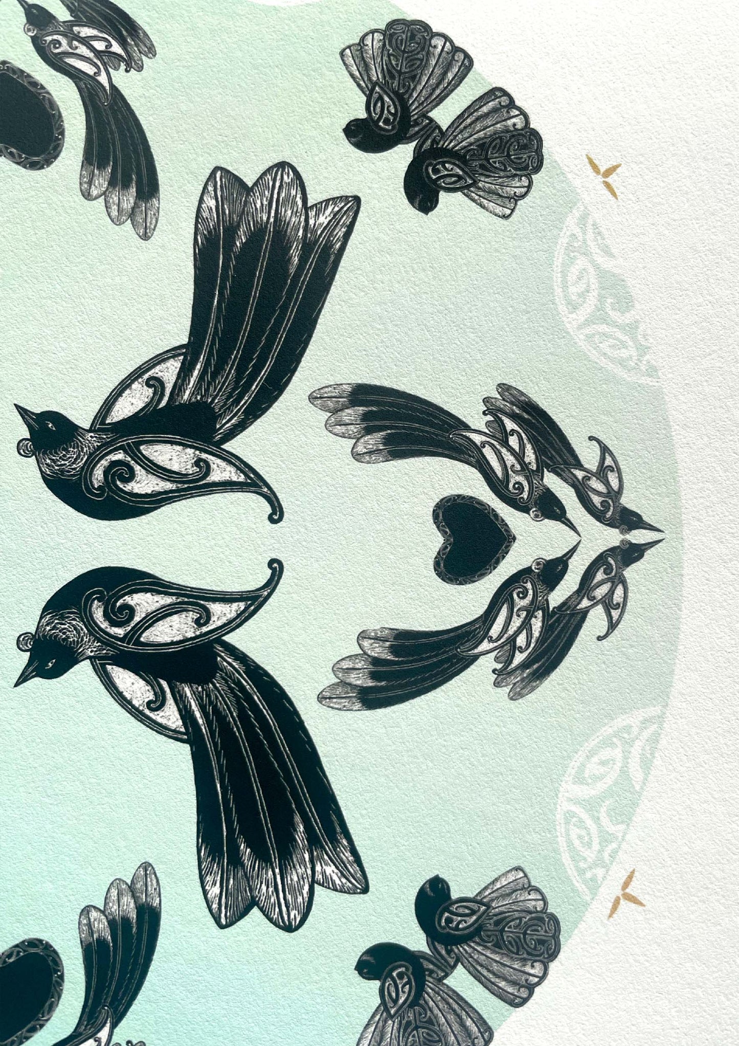 Detail of Manu mandala print with maori art design tui and fantail. Manu is the te reo maori name for bird. limited edition fine art print by Amber Smith nz artist.