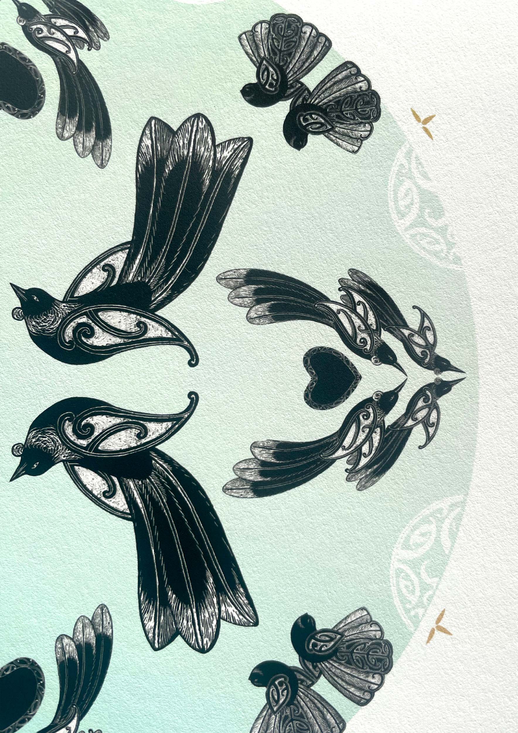 Detail of Manu mandala print with maori art design tui and fantail. Manu is the te reo maori name for bird. limited edition fine art print by Amber Smith nz artist.