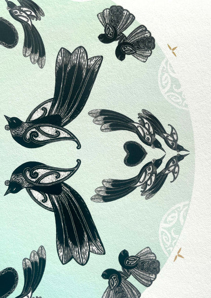 Detail of Manu mandala print with maori art design tui and fantail. Manu is the te reo maori name for bird. limited edition fine art print by Amber Smith nz artist.
