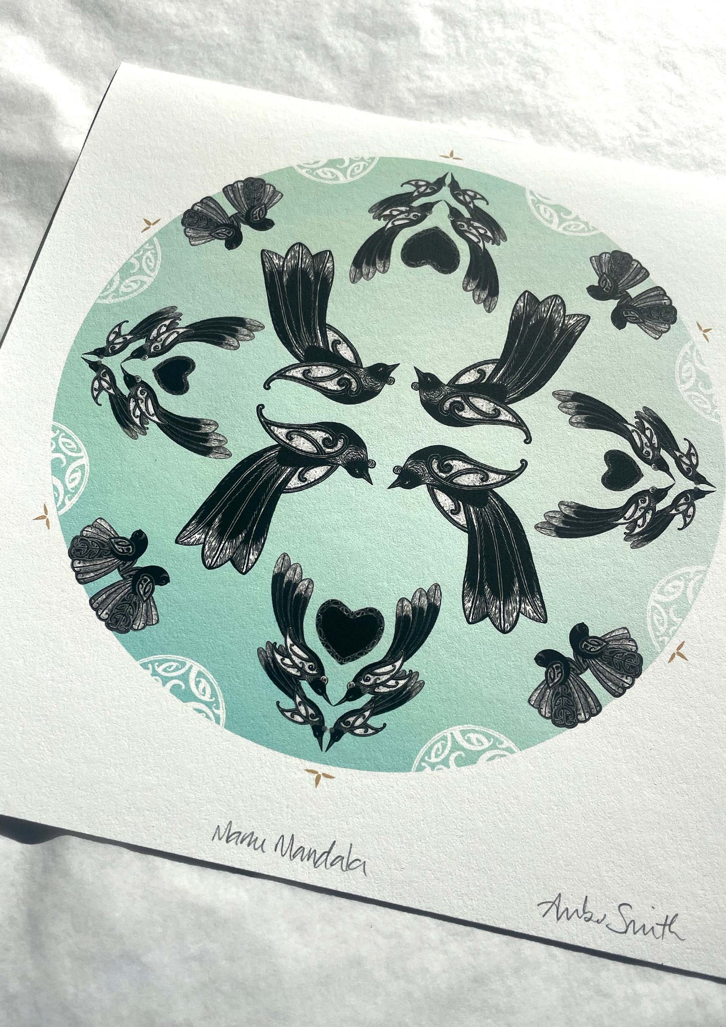 Manu mandala print with maori art design tui and fantail. Manu is the te reo maori name for bird. limited edition fine art print by Amber Smith nz artist.