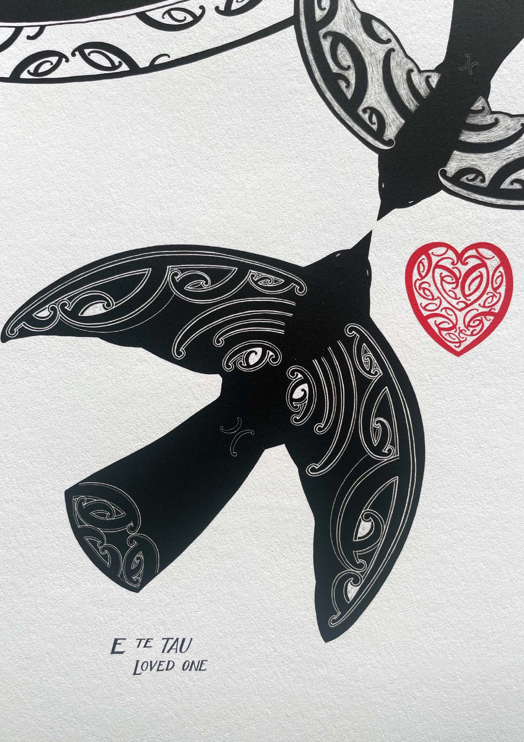 Detail of Manu rere print with maori art design birds and aroha love heart. The words 'If I was a bird I would fly to your side to embrace you' in te reo maori and english translation. A limited edition nz print by Amber Smith