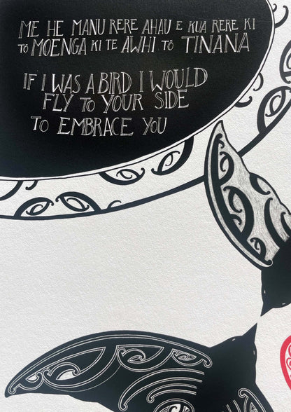 Detail of Manu rere print with maori art design birds and aroha love heart. The words 'If I was a bird I would fly to your side to embrace you' in te reo maori and english translation. A limited edition nz print by Amber Smith