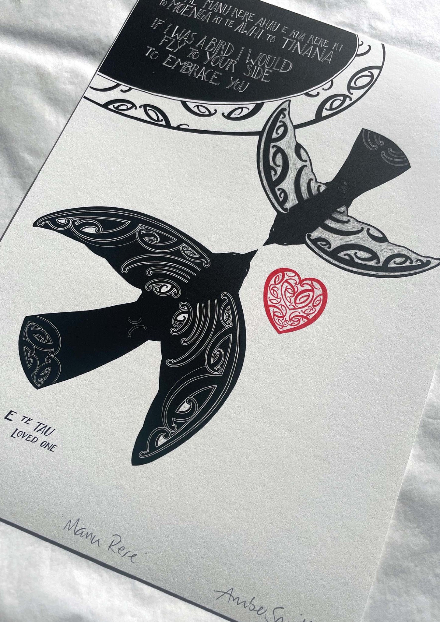 Manu rere print with maori art design birds and aroha love heart. The words 'If I was a bird I would fly to your side to embrace you' in te reo maori and english translation. A limited edition nz print by Amber Smith