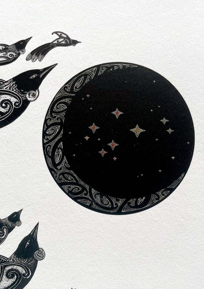 Detail of Matariki nz art print, with maori art design tui and stars of matariki. te reo Maori and English translation words. By Amber Smith.