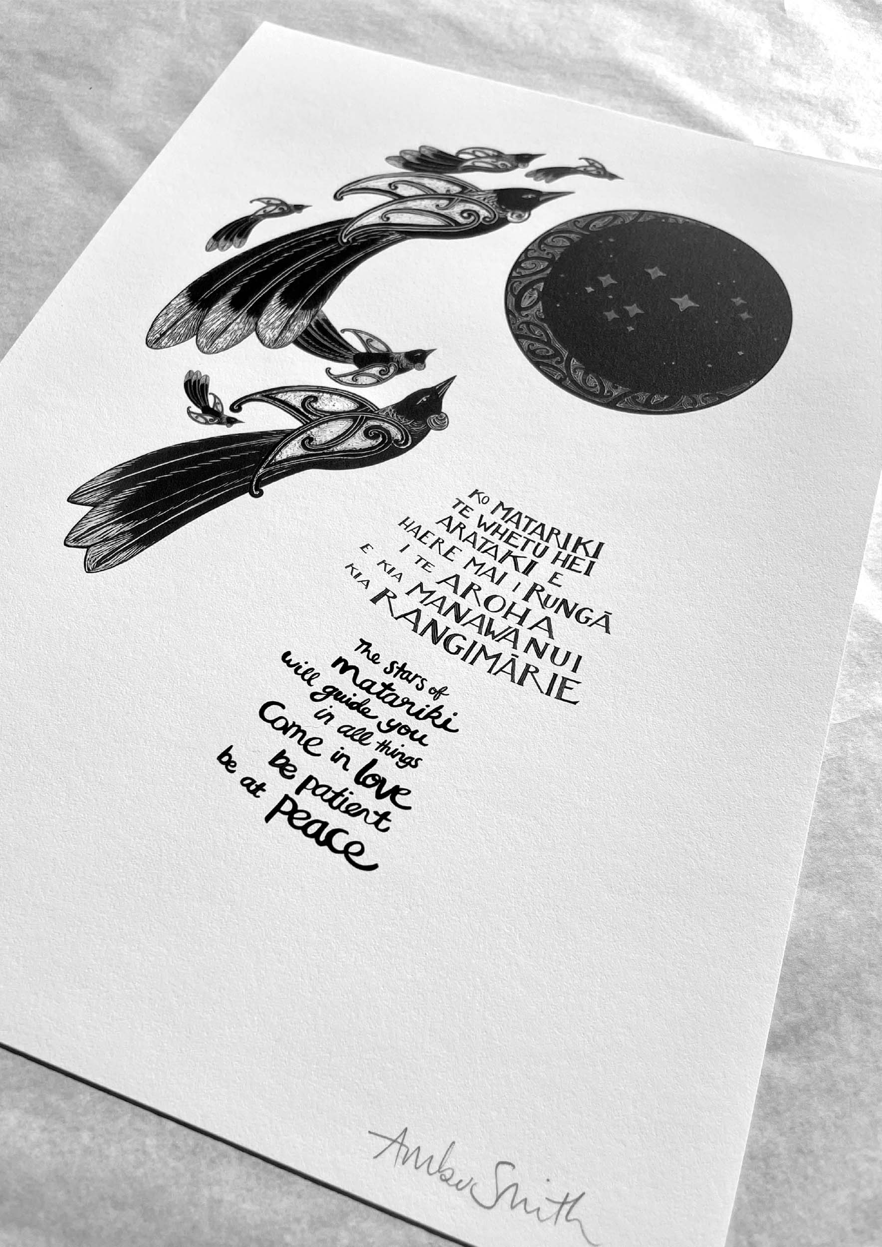 Matariki nz art print, with maori art design tui and stars of matariki. te reo Maori and English translation words. By Amber Smith.