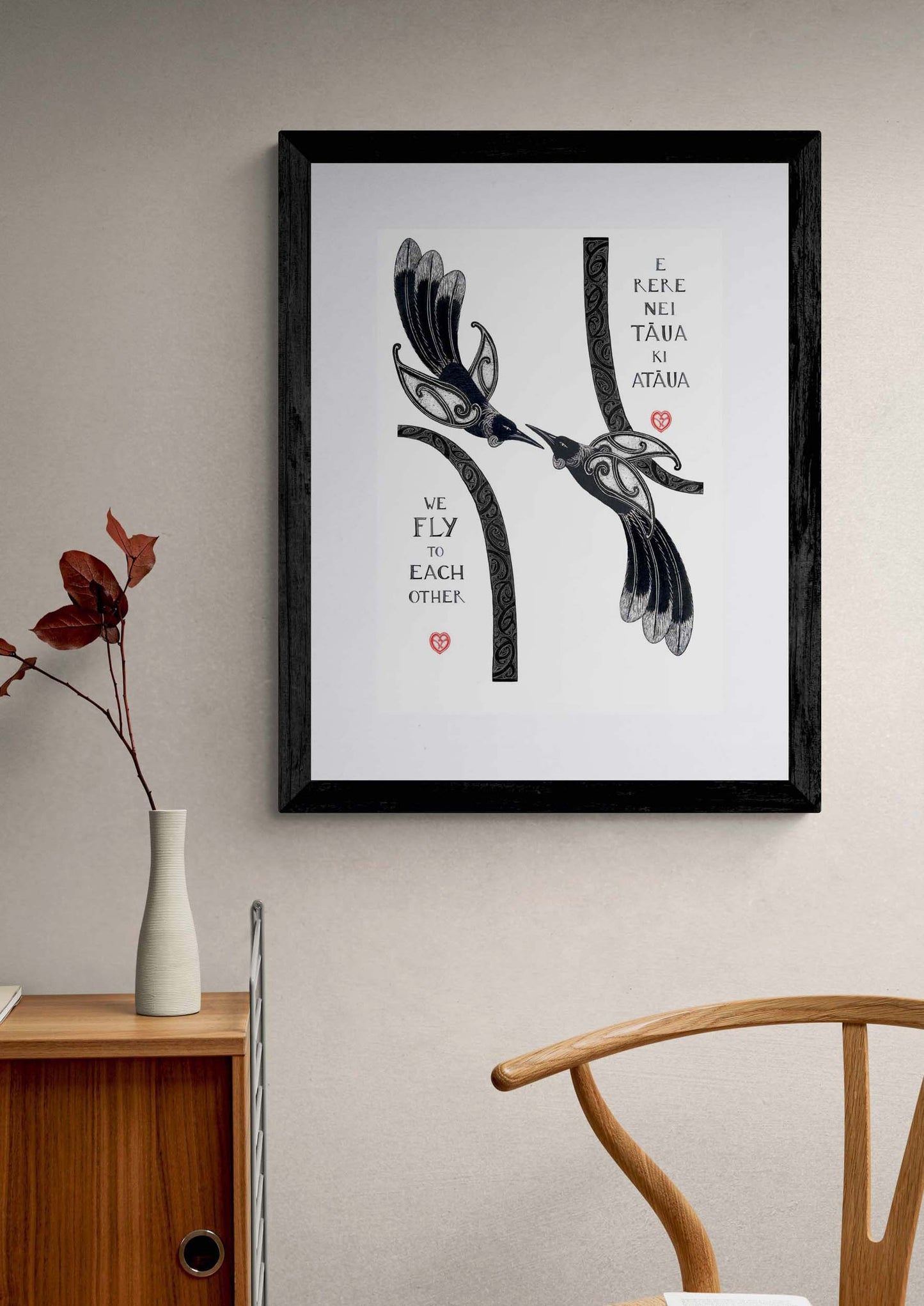 Framed Tui art print with maori art design birds and aroha love hearts. Te reo maori and english words, we fly to each other. New Zealand art print by Amber Smith