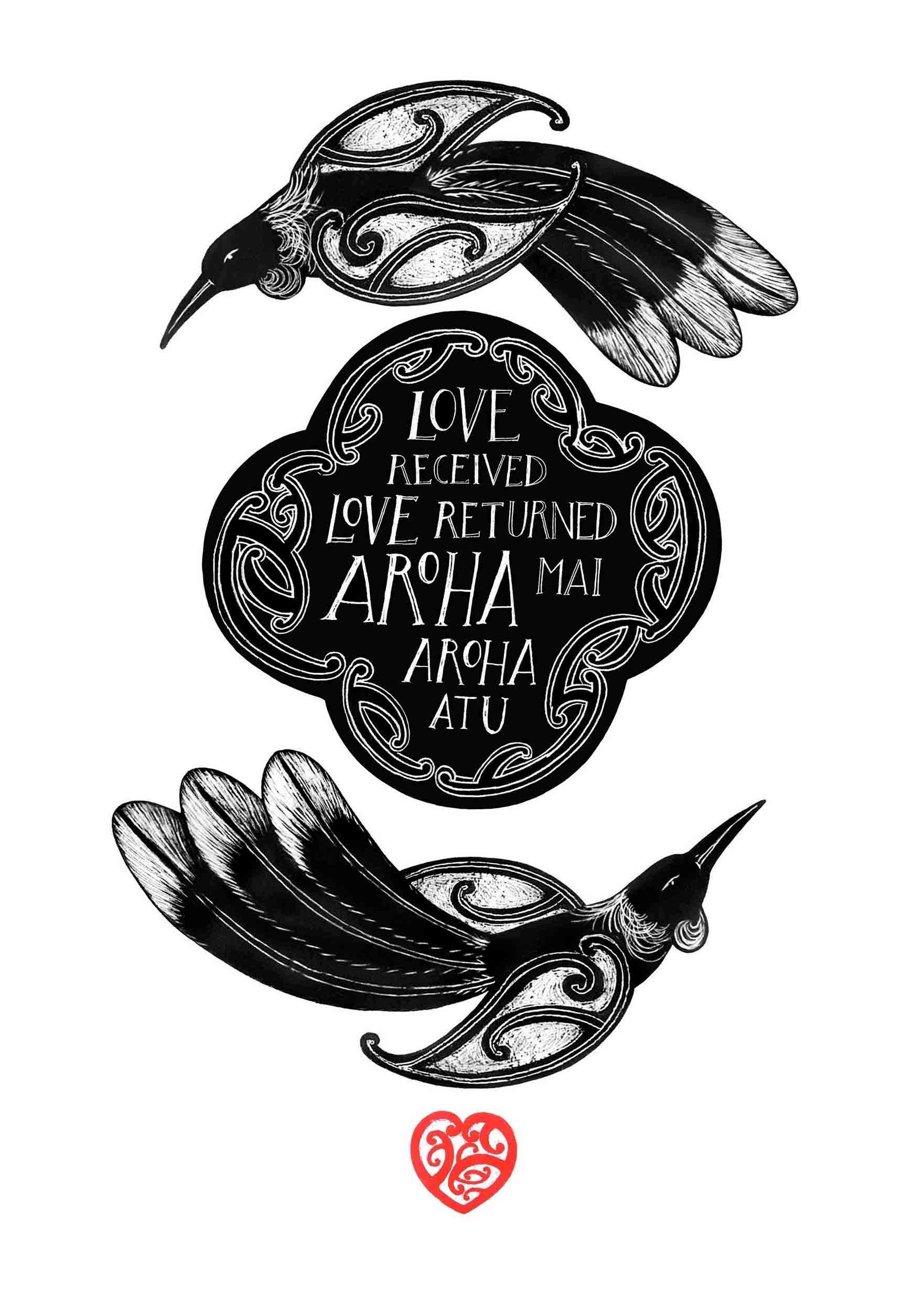 nz art print with words in te reo maori and english, Aroha mai aroha atu. Maori art tui birds. By Amber Smith Nz artist.