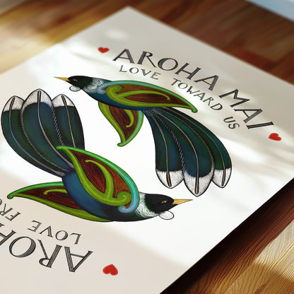te reo maori art print with tui birds and aroha mai aroha atu