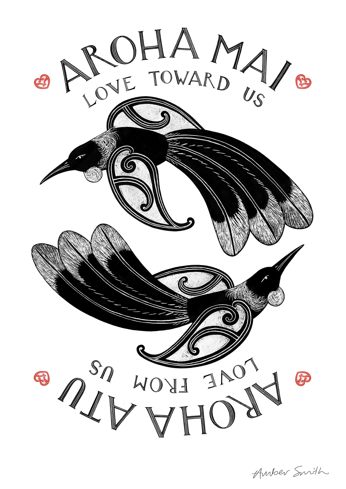 Black and white aroha Māori proverb art print with tui birds