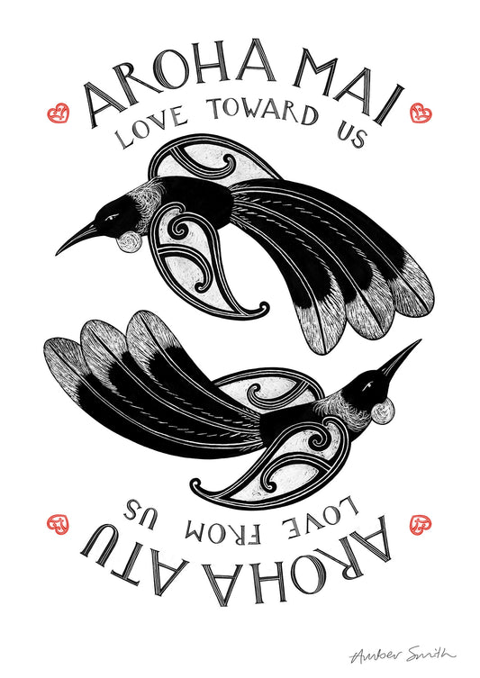 Black and white aroha Māori proverb art print with tui birds