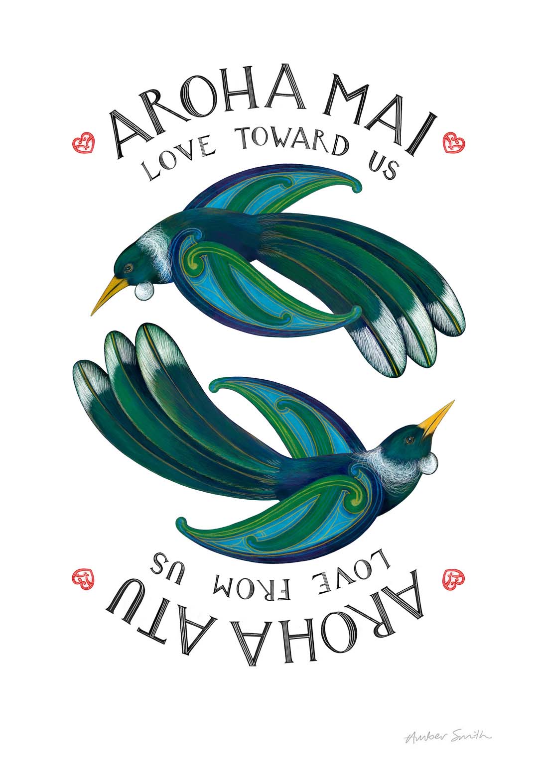 Two tuibirds with text 'AROHA MAI' and 'AROHA ATU' on a white background