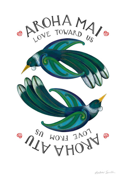 Two tuibirds with text 'AROHA MAI' and 'AROHA ATU' on a white background