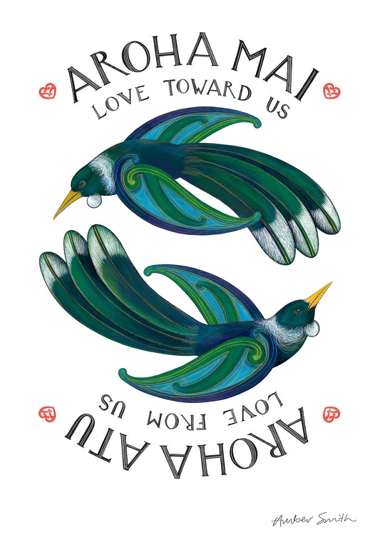 Hand-painted colour tui artwork with aroha proverb love is returned