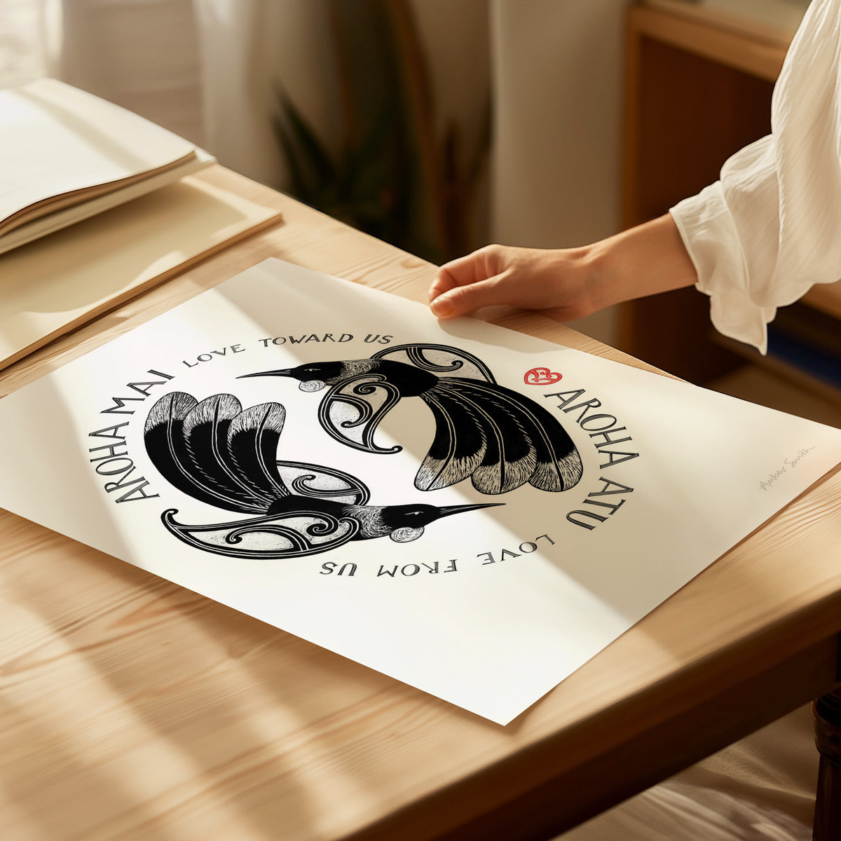 aroha mai aroha atu print with tui birds