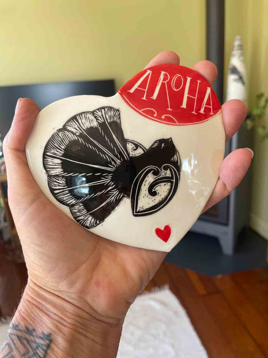 Aroha Piwakawaka Ceramic Heart