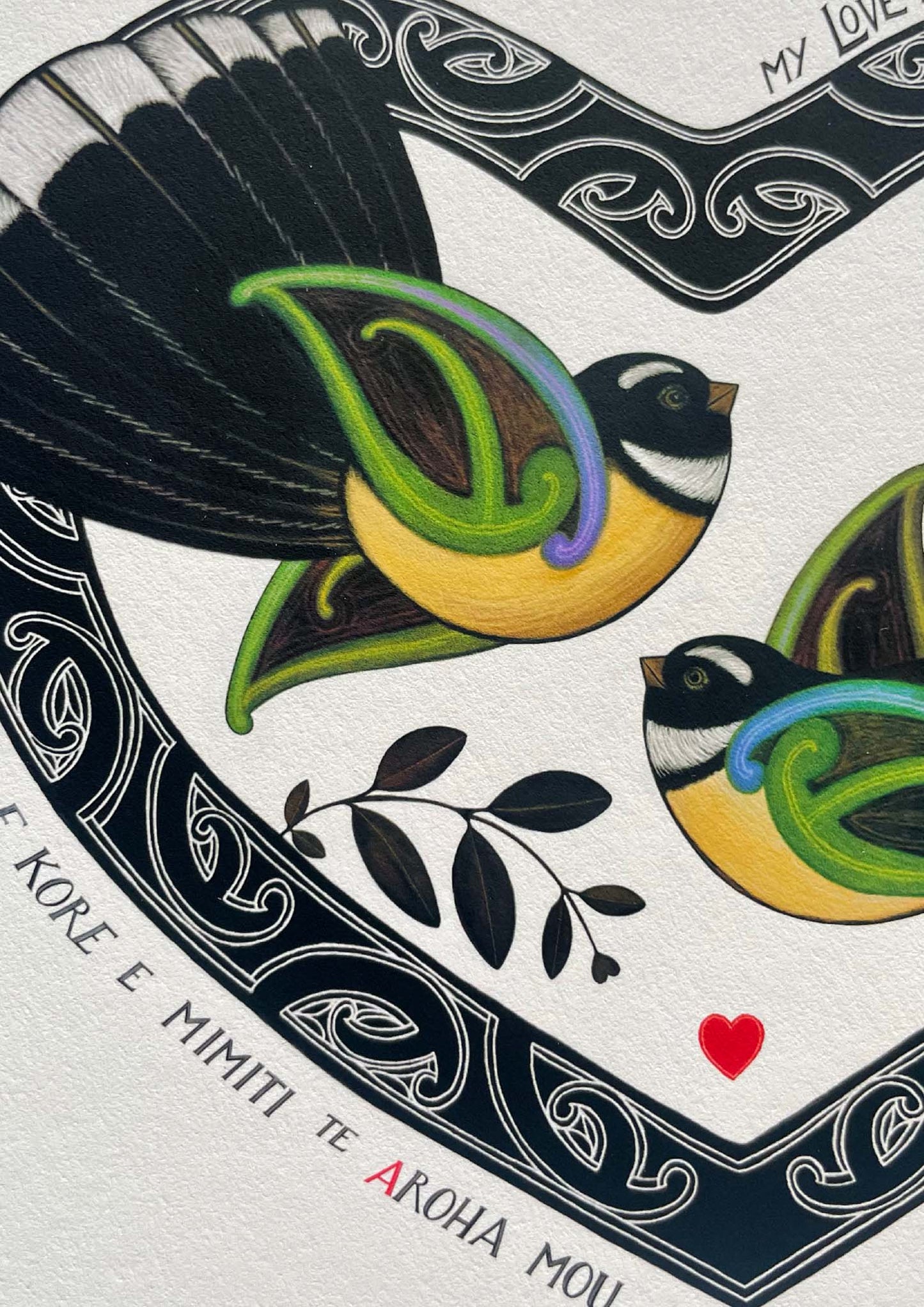 aroha love piwakawaka fantail nz print. My love for you will never fade in te reo maori with english translation. Two fantails in a heart with maori art design.wall art by amber smith
