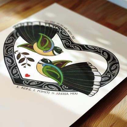 Detail of New Zealand pīwakawaka love art print, Aroha Pīwakawaka – My Love for You Will Never Fade, featuring fantails and a te reo Māori message about enduring love.