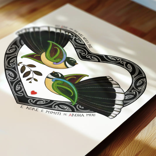 Detail of New Zealand pīwakawaka love art print, Aroha Pīwakawaka – My Love for You Will Never Fade, featuring fantails and a te reo Māori message about enduring love.