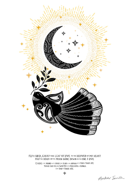 Black and white Māori bird print with leaf of love and te reo Māori text