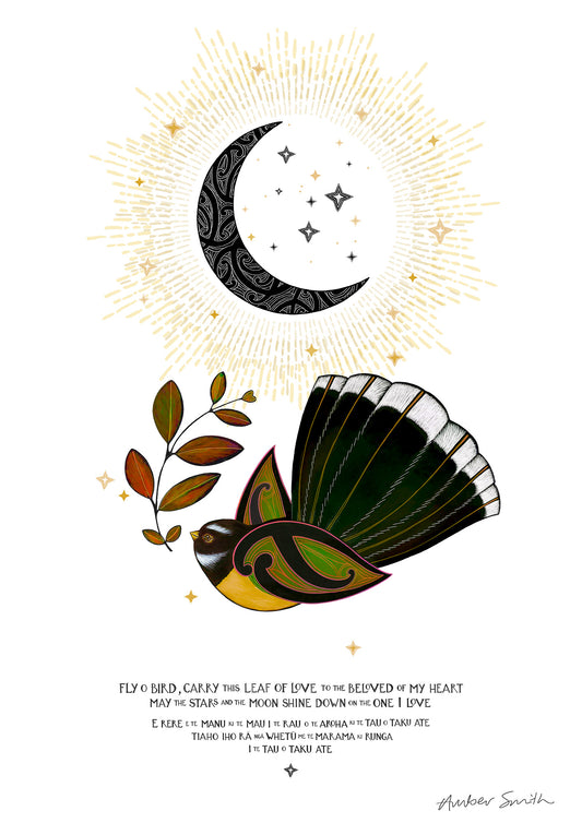E rere e te manu te reo Māori art print with piwakawaka fantail carrying a leaf of love under a crescent moon