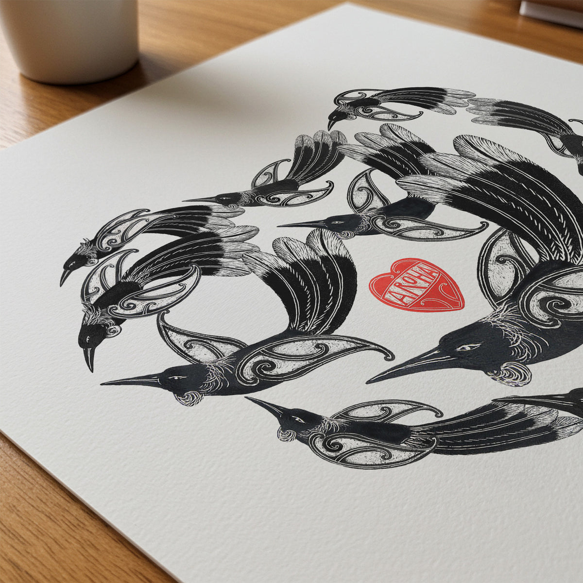 Detail of New Zealand tūī art print, E Rere Wairua – Fly Free, Spirit Fly, featuring a gathering of tūī flying together in the shape of a heart, symbolising love, letting go and the enduring connection with someone who has passed away.