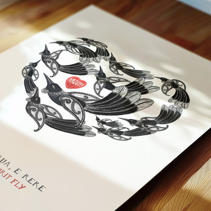 Detail of Aotearoa tūī art print, E Rere Wairua – Fly Free, Spirit Fly, featuring a gathering of tūī flying together in the shape of a heart, symbolising love, letting go and the enduring connection with someone who has passed away.
