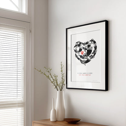 Framed New Zealand tūī art print, E Rere Wairua – Fly Free, Spirit Fly, featuring a gathering of tūī flying together in the shape of a heart, symbolising love, letting go and the enduring connection with someone who has passed away.