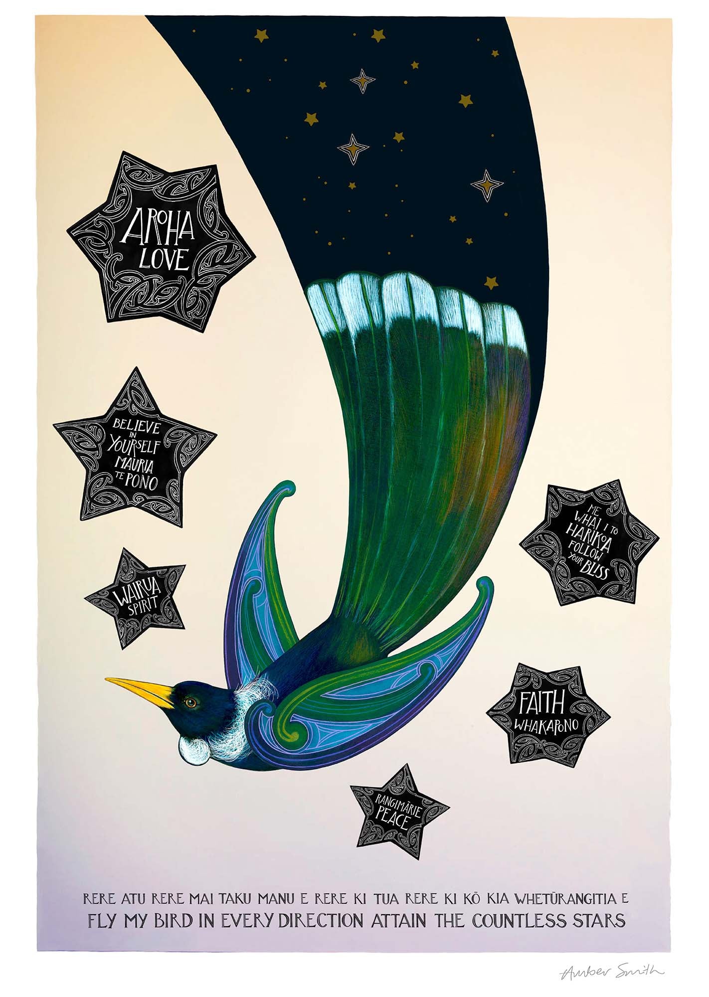 Inspirational te reo Māori wall art with tui bird and six guiding stars night background and motivational phrases