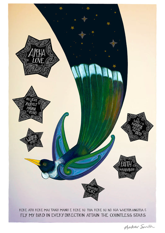 Inspirational Māori wall art with tui bird and six guiding stars